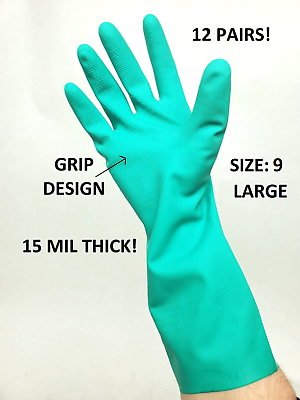 #ad 12 PAIRS NITRI MASTER Chemical Resistant Nitrile Rubber Gloves 15mil LARGE HR $19.99