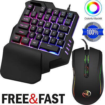 Mini Gamer One Handed Gaming RGB Keyboard w 7 Colors Changing Wired Gaming Mouse $12.57