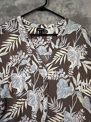 #ad Torrid Summer Tropical Top Womens Size 3X Cocoa Blue Cap Sleeve Button Up $18.99