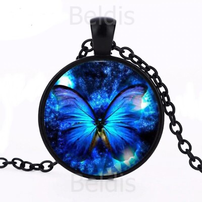 #ad Ladies Pendant with Chain Black Blue Butterfly Cabochon Necklace Gift $8.61