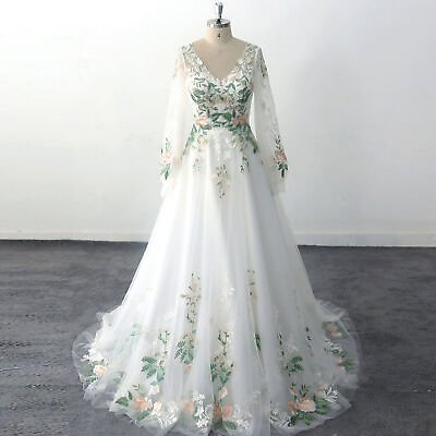 #ad Forest Fairy Long Wedding Dress Lace Wedding Dress With 3D Floral Appliques $136.23
