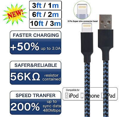 For iPhone 14 7 8 Plus iPhone 11 XR Xs Max 12 13 Charger USB Cable Cord 3 6 10FT $7.89