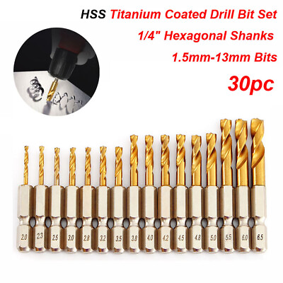 #ad 30pc HSS Titanium Coated Drill Bit Set 1 4quot; Hexagonal Shanks 1.5mm 13mm Bits $89.48