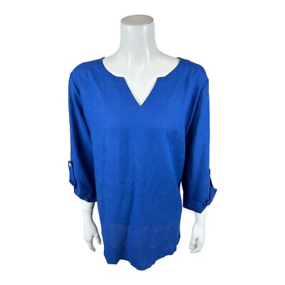 #ad Susan Graver Petite Pure Linen Blend Split Neck Tunic with Buttons Blue PL Size $25.00