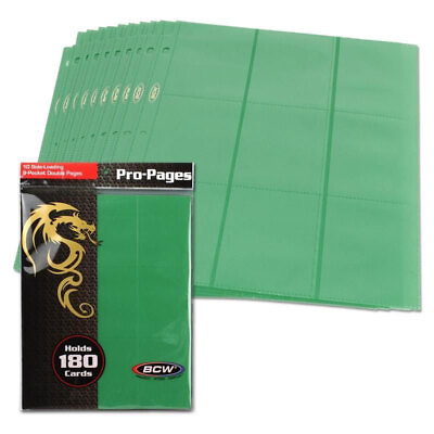 #ad BCW Trading Card Supplies PACK OF 10 SIDE LOADING 9 POCKET DOUBLE PAGES Green $7.89