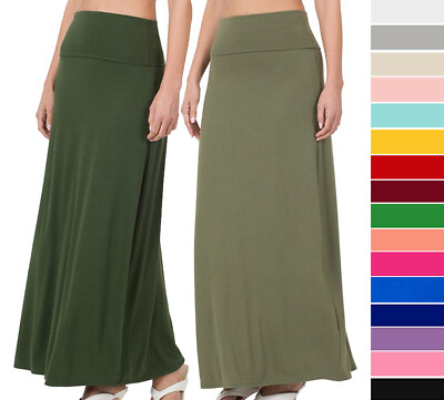 #ad Women#x27;s Fold Waist Maxi Skirt Casual Lounge Solid Jersey Knit Relaxed Long Basic $11.50