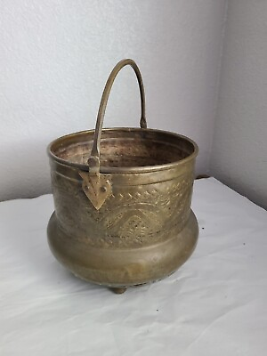 #ad VTG Ornate Brass Plant Pot Bucket Cauldron Brass Feet Planter with Handle $38.00
