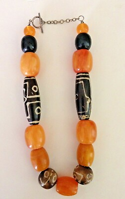 #ad Vintage DZI Beads Chunky Honey Amber Colored Black Agate Stone Ethnic Necklace $98.00