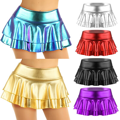 #ad Sexy Women#x27;s Metallic Mini Skirt Wetlook Shiny Skater Dance Party Skirt Clubwear $4.64
