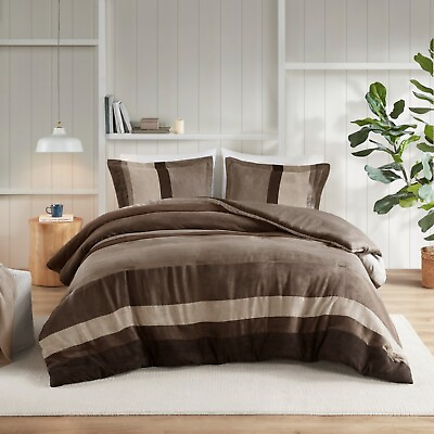 #ad Luxury 3 Piece Stripe Comforter Set Faux Suede Fluffy Full Queen King Size New $61.09