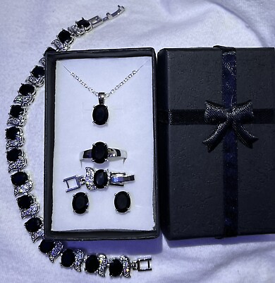 #ad Stunning Black Onyx Necklace Earrings Bracelet amp; Ring Size 8 Set $22.75