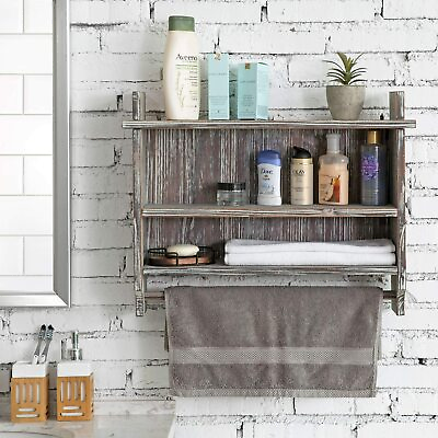 #ad Wall Mounted Torched Wood Bathroom Organizer with 3 Shelves amp; Hanging Towel Bar $49.99