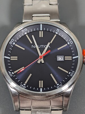 #ad Nautica Date Indicator Black Dial Round Silver Tone 44 mm Case Stainless Watch $62.99