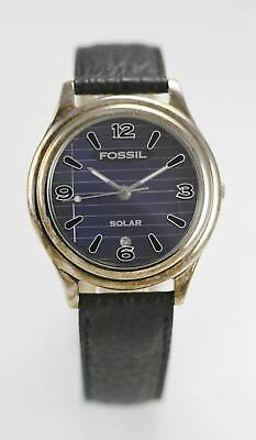 #ad Fossil Watch Mens Solar Blue Stainless Silver Date Black Leather Limited Edition $64.25