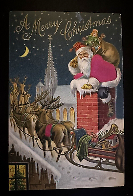 #ad SILK Santa Claus on Snowy Roof Reindeer Toys Antique Christmas Postcard h608 $22.95