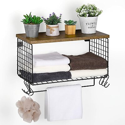 #ad Wall Mounted Vintage Cube Rack with Wood Shelf and Hooks for Home Bathroom Décor $25.89