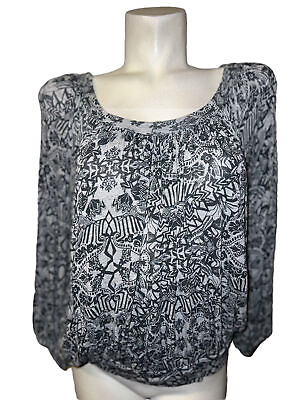 #ad FREE PEOPLE Top Women#x27;s Size S Small Top Black Gray Boho Print Smocked Blouse $18.99