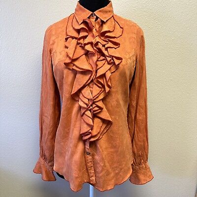 #ad Ryan Michael Small Western Silk Cotton Orange Long Sleeve Ruffle Blouse Top $44.87