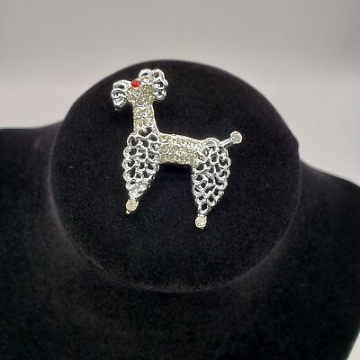#ad Vintage Silver Tone Filigree Poodle Pin Brooch Clear amp; Red Rhinestones Unmarked $12.00