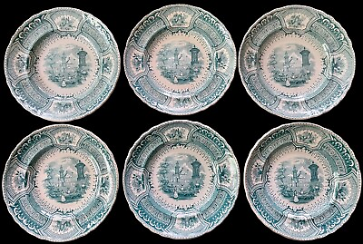 #ad 6 Antique Green Transferware 7 1 4 in Plates by WOOD amp; CHALLINOR CORSICA c. 1835 $295.00