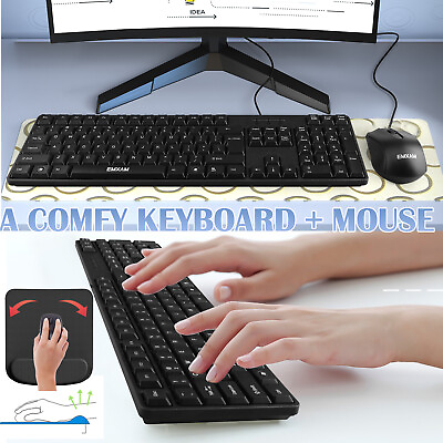 #ad Wired Keyboard amp; Optical Mouse Set Waterproof Ergonomic For Computer Desktop $8.95