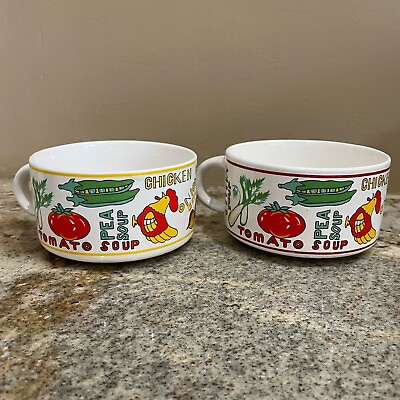 #ad Soup Mugs Bowls Set of 2 Large Retro Veggie Artwork amp; Lettering $23.49