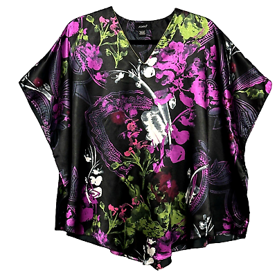 #ad ASHRO Womens Top Plus Free Size Black Purple Satin Floral Loose Fit Party Event $17.99