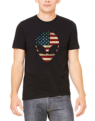 #ad New Men#x27;s US Flag Alien Head KT B1215 Black T Shirt American Pride USA July 4th $15.99