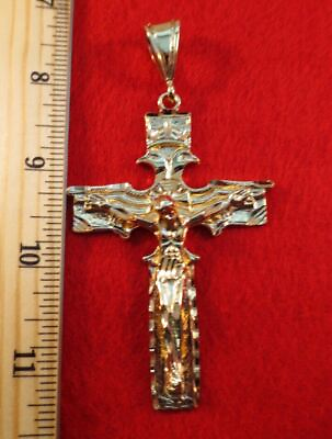 #ad 14KT GOLD PLATED CROSS CRUCIFIX BLING PENDANT CHARM OVER 4 INCHES 9250o $19.96