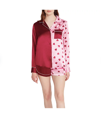 #ad BB Dakota Ladies Satin Notch Collar PJ Set Hearts Red Pink Love Size XXL $13.99