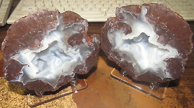 #ad 1 LG. HOLLOW SPARKLY 4x3.5x2.5 IN.DRUZY MIST CRYSTAL GEODE PAIR W STANDS $53.95