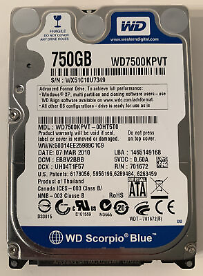 #ad WD Scorpio Blue WD7500KPVT 00HT5T0 2.5quot; 750GB SATA DCX: UH04T1F57 Tested $24.99