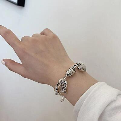 #ad Vintage 925 Sterling Silver Thick Chain Bracelet Heart Pendant Trend Cute Bangle $8.30