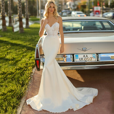#ad 2024Satin New Female White Simple Travel Shooting Fishtail Bride Wedding Dress $100.00