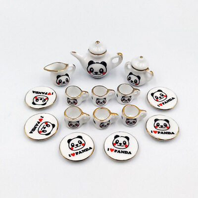 #ad 15PC 1:12 Scale Dollhouse Miniature Love Pandas Ceramic Teaware Set Accessories $12.99