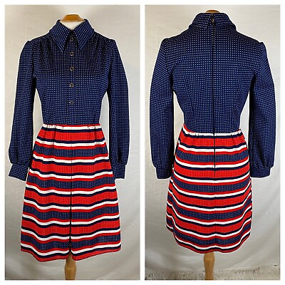 #ad Vintage 60s 70s Ruth Norman Gay Gibson Mod Americana Shirt Dress USA July 4th S $124.99