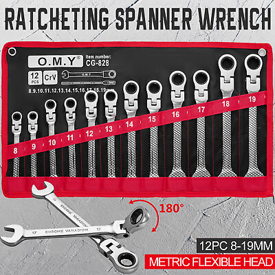 #ad 12Pc 8 19mm Metric Flexible Head Ratcheting Wrench Combination Spanner Tool Set $33.80