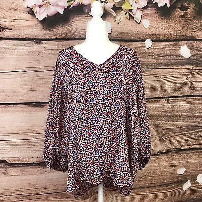 #ad Halogen Women’s Multicolored Printed V Neck Drop Sleeve Long Line Blouse 1X $15.25