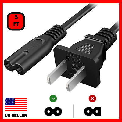 #ad AC 2 Prong 2 slot Power Cable For Playstation PS3 PS4 PS5 TV XBOX 5FT Black $5.79
