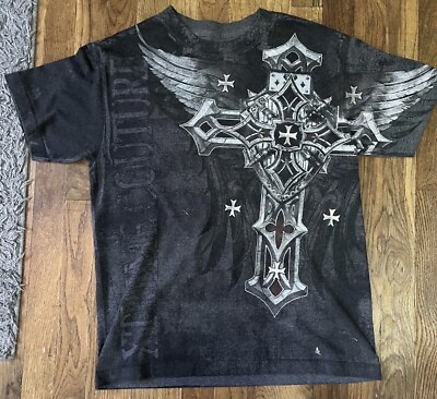 #ad Y2K Affliction Style Goth Grunge T Shirt Cross Skull and Wings $19.99