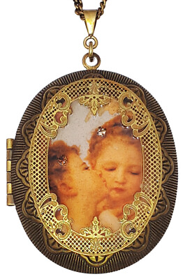 #ad Michal Negrin Large Locket Necklace Cherubs Kiss Pendant Victorian Angels Love $116.00