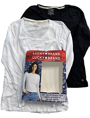 #ad Lucky Brand 2 PACK Long Sleeve Tee Black White Medium 8 10 Womens Open PEN MARK $20.15