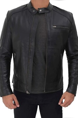 #ad Mens Black Cafe Racer Leather Jacket Nappa Sheepskin XL $138.43