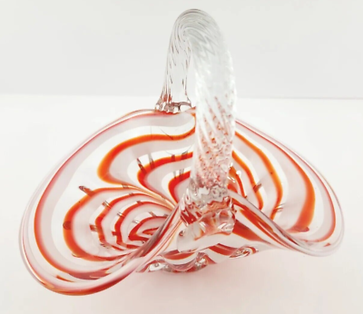 #ad Handblown Art Glass Red White Clear Candy Swirl Basket 6Tx8Lx5.25W $10.00