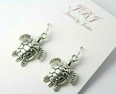 #ad Sea Turtle Earrings Turtles .925 sterling silver earrings hooks pewter charms $7.24