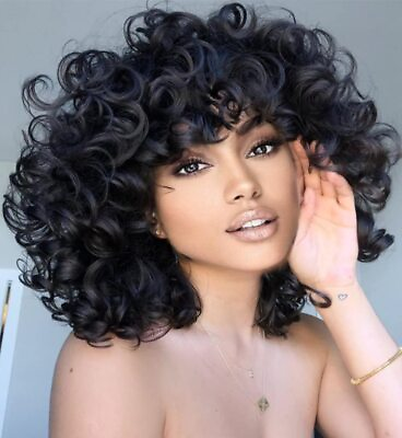#ad Short Curly Wigs for Black Women 14#x27;#x27; Black Big Curly Wig with Bangs Afro Kinky $14.09