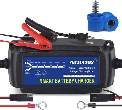 ADPOW 5A 12V Automatic Smart Battery Charger Automotive Maintainer 7 Stages for $50.74