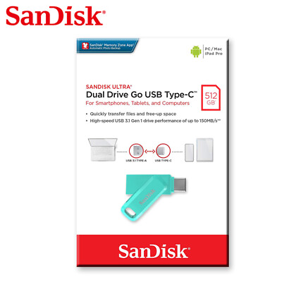 #ad SanDisk Ultra 512GB Dual Drive Go USB OTG On The Go Type C USB 3.1 Tiffany Green $48.09