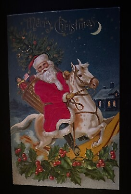 #ad Patriotic SILK Santa Claus on Horse w. USA Flag Antique Christmas Postcard h488 $24.95
