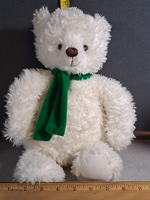 #ad Plush White Teddy Bear with Green Scarf Beads in paws feet amp; bottom #1450L138 $14.00